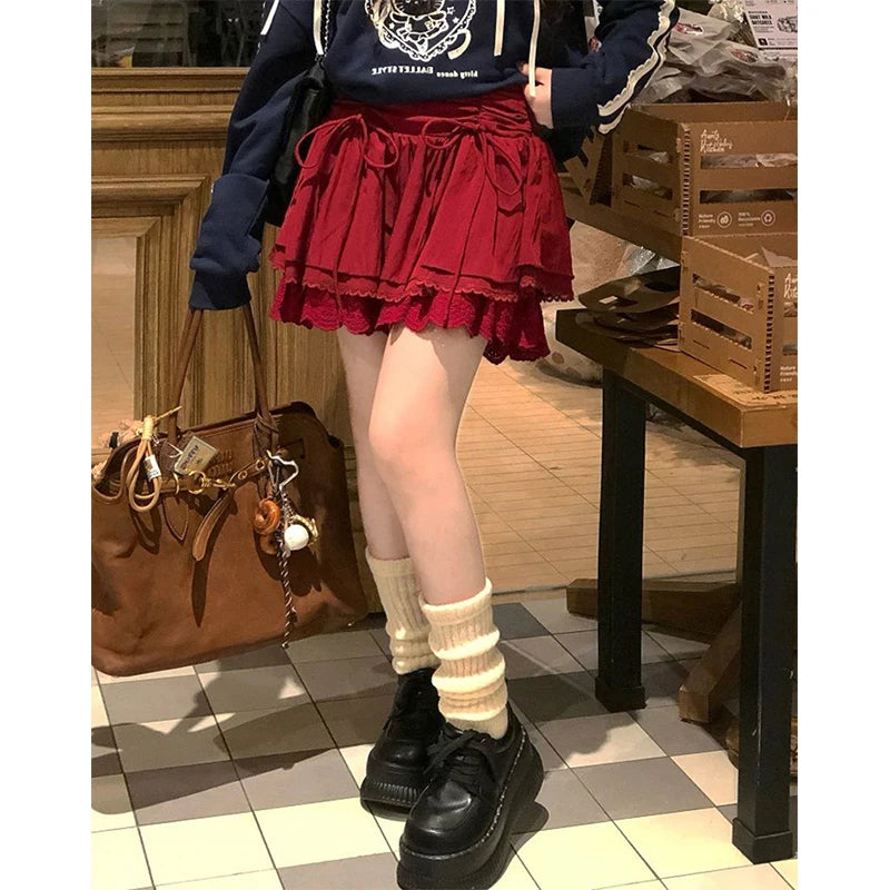 LIZAKOSHT  -  Kawaii Bow White Mini Skirt Women Japanese Cute Lace Patchwork Skirts Summer Harajuku Korean Ruffles Chic A Line Faldas
