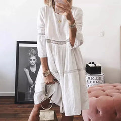 LIZAKOSHT  -  Summer Lace Splicing Hollow Embroidery Dresses Short Sleeve Loose Casual White Dress Women's Clothing Design Chic Dress New