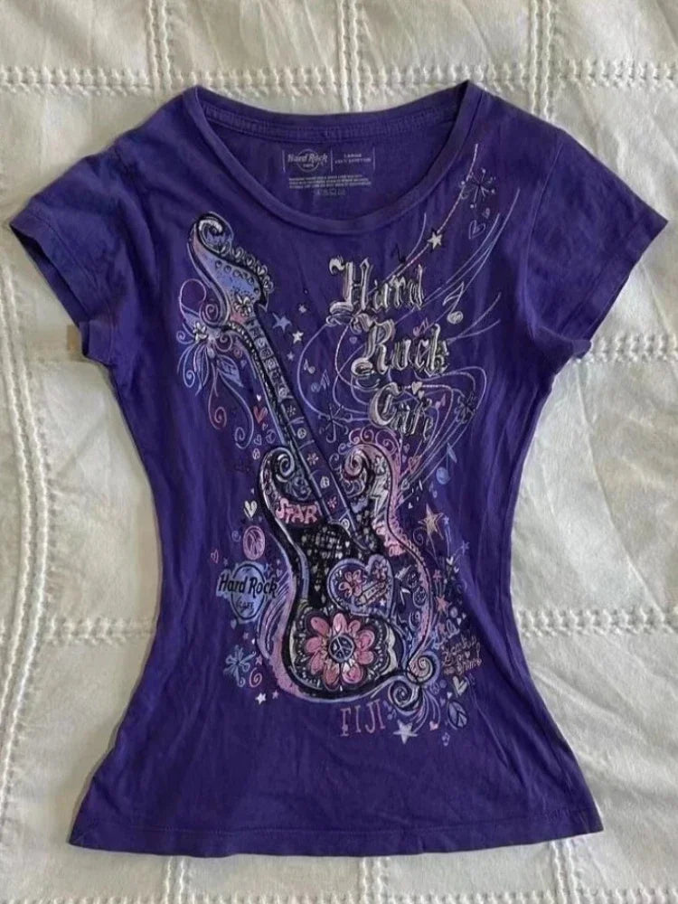 LIZAKOSHT  -  2000s Subculture Vintage Purple Print T-Shirt Women Y2k American Retro Slim Tees Summer 90s Grunge Casual Harajuku Fashion Tops