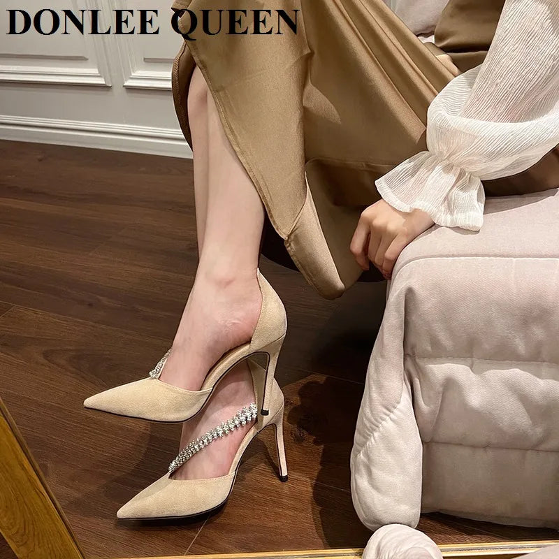 LIZAKOSHT  -  New Fashion Brand Crystal Embellished High Heels Shoes Women Pointed Toe Dress Rhinestone Wedding Party Pumps Black Suede Sandal