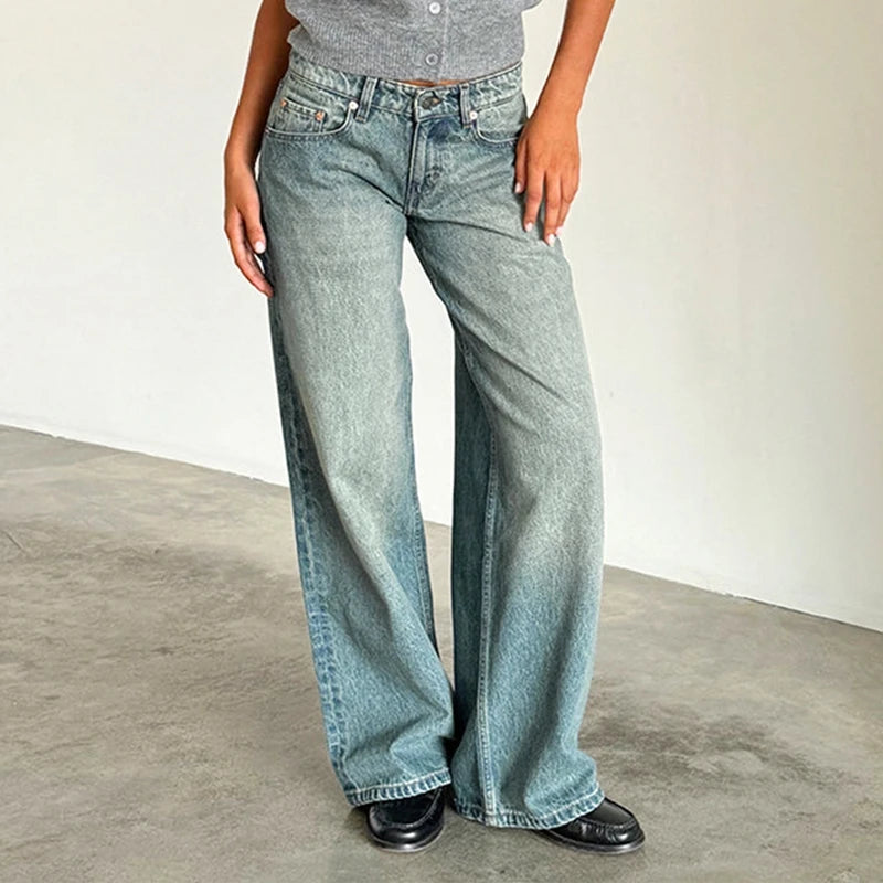 LIZAKOSHT  -  Women Y2K Aesthetic Low Rise Baggy Jeans Loose Fit Boyfriend Straight Wide Leg Denim Pants Trendy Stretch Trousers