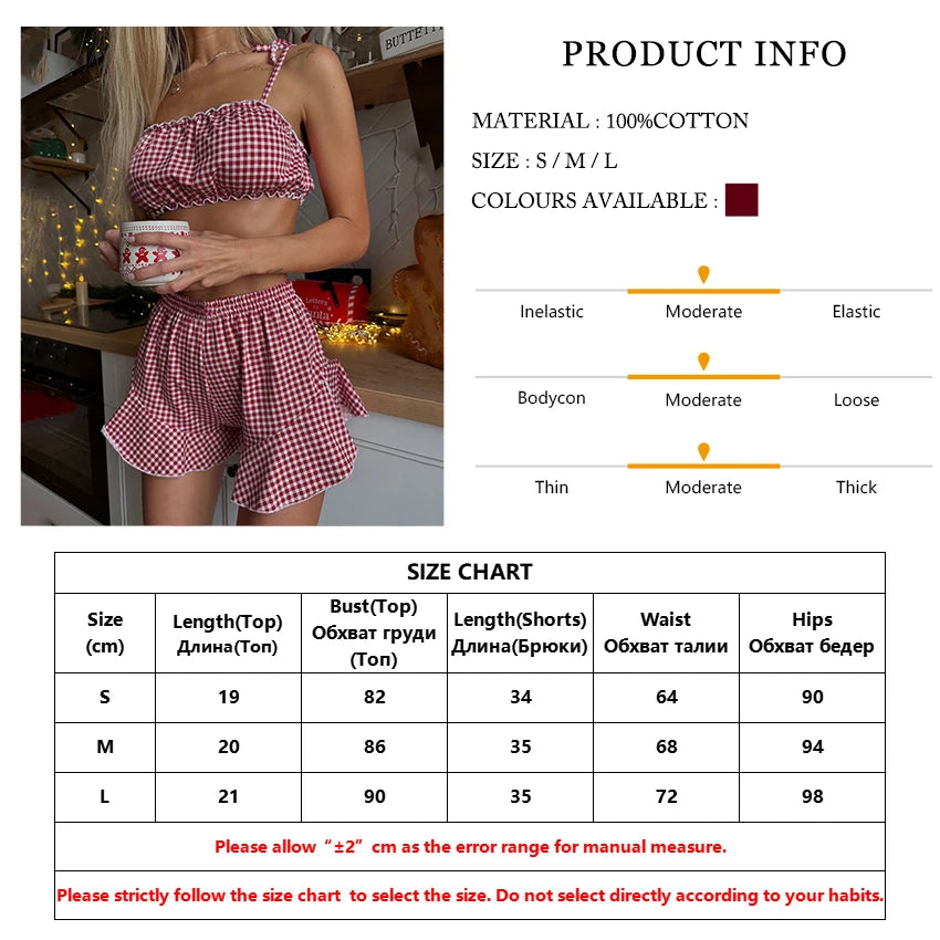 LIZAKOSHT  -  Plaid Female Sleepwear Sets Tank Tops Pajamas Spaghetti Strap Nightie Crop Top Nightgowns Shorts Causal Home Clothes
