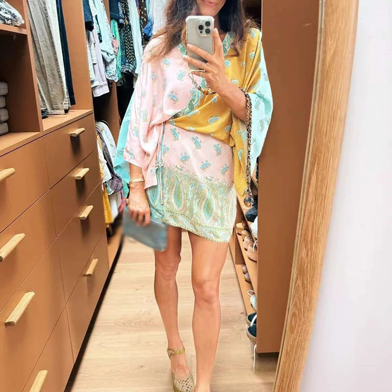 LIZAKOSHT  -  Women Fashion Pattern Print Mini Party Dress Elegant Deep V-neck Cover Up Robe Dress Casual Lantern Sleeve Lace-Up A-Line Dress