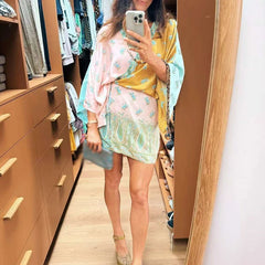 LIZAKOSHT  -  Women Fashion Pattern Print Mini Party Dress Elegant Deep V-neck Cover Up Robe Dress Casual Lantern Sleeve Lace-Up A-Line Dress