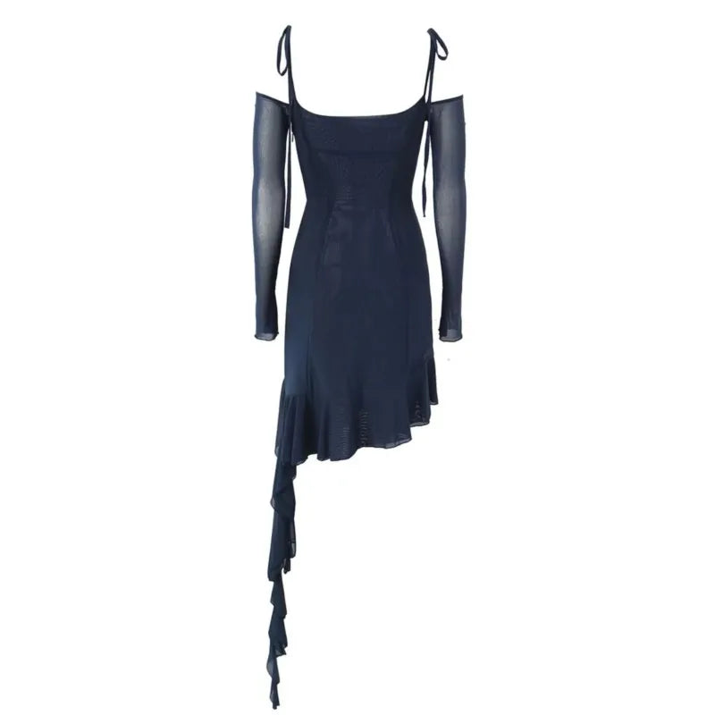 LIZAKOSHT  -  Women Ruffles Asymmetric Hem Mini Party Robe Sexy Irregular Wood ears Slash Collar Off Shoulder Full Sleeve Mesh Dress
