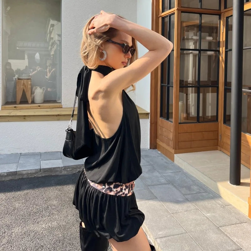 LIZAKOSHT  -  Sexy Halter Neck Leopard Tunics Mini Vacation Dress Streetwear Women Chic Hollow Out Backless Short Evening Party Dresses