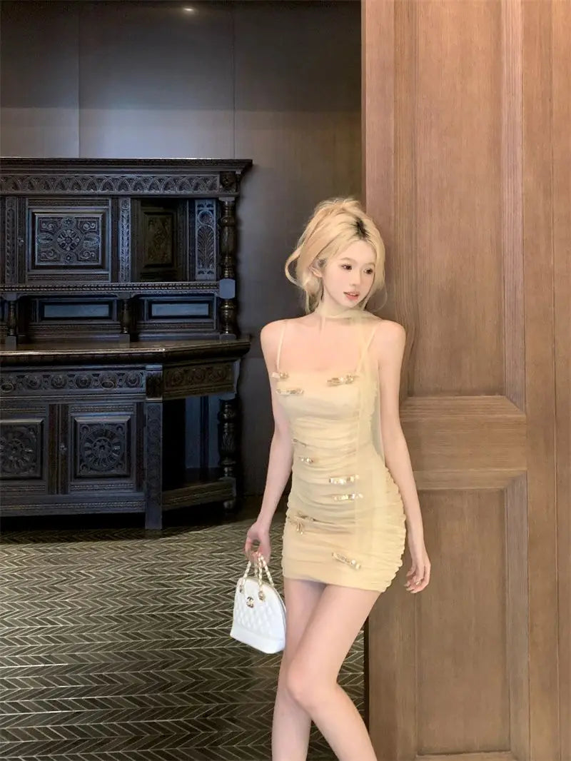 LIZAKOSHT  -  Bow Mesh Suspender Dress for Women Yellow Short Skirt Sexy Pure Slutty Tight Waist Pack