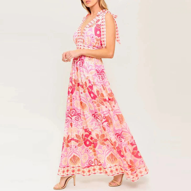 LIZAKOSHT  -  Sexy V-neck Women Vacation Long Dress Summer Casual Sleeveless Hight Waist Party Dress Elegant Print Draped Bow Maxi Dress