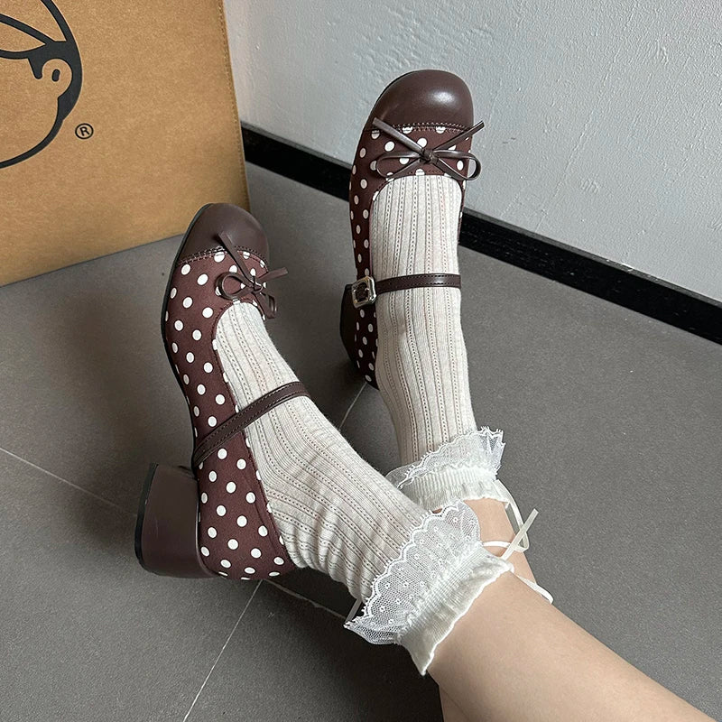 LIZAKOSHT  -  Cute Polka Dot Thick Heel Women Mary Jane Shoes Designer Buckle Strap Pumps Ladies Eelgant Butterfly-knot Dress Single Shoes