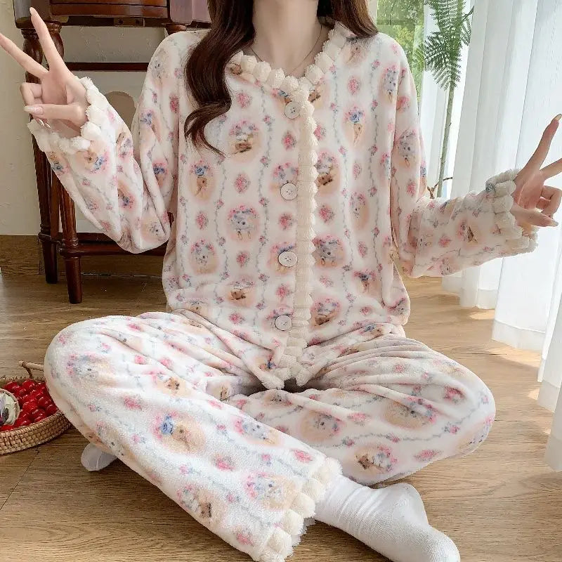 LIZAKOSHT  -  Coral Fleece Pajamas Women Autumn Winter Print Thickened Plush Sleepwear Cardigan Suit Warm Soft Homewear Long Sleeves Pajamas