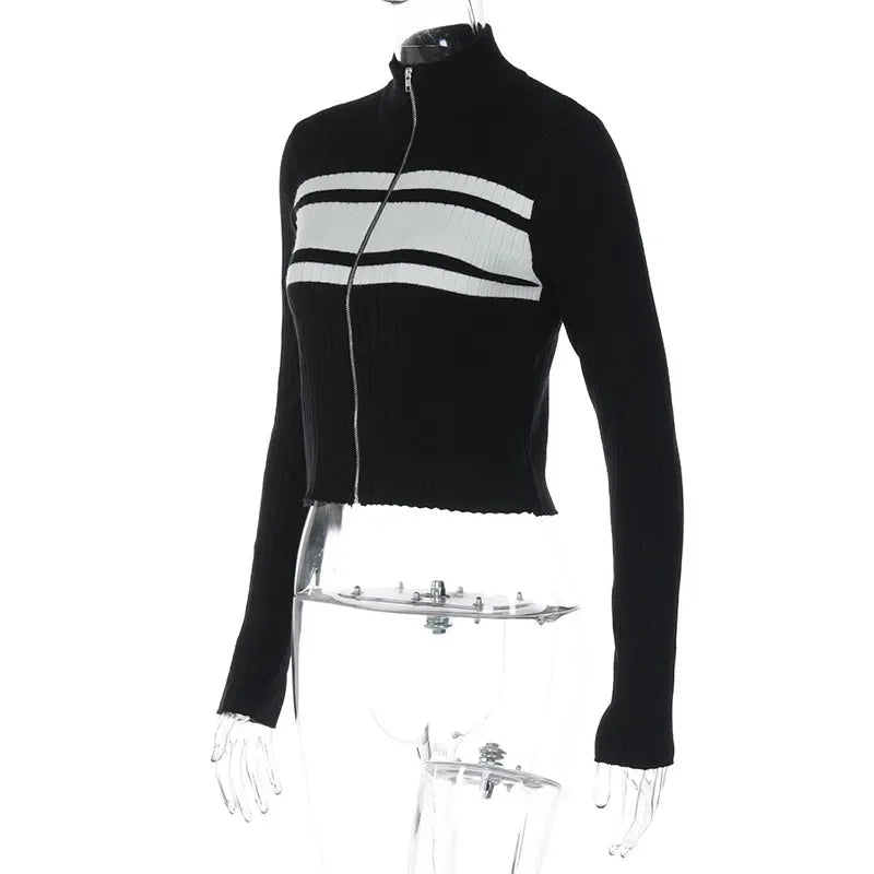 LIZAKOSHT  -  Casual Slim Contrast Knit Cardigan Women Chic Full Sleeve Stand Collar Zipper Short Sweaters Female 2026 Spring Lady Outwears