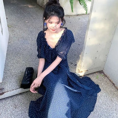 LIZAKOSHT  -  Women Dresses V Neck Polka Dot Ruffles Spring Summer Elegant Long Dress Korean Fashion Vintage Sweet Vestidos Mujer