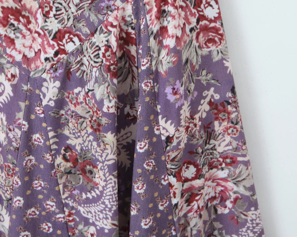 LIZAKOSHT  -  Holiday Purple Paisley Floral Print Sling Dress Women Bow O neck Cross bandage Back Zipper Low Waist Swing Dresses Vestidos Robe