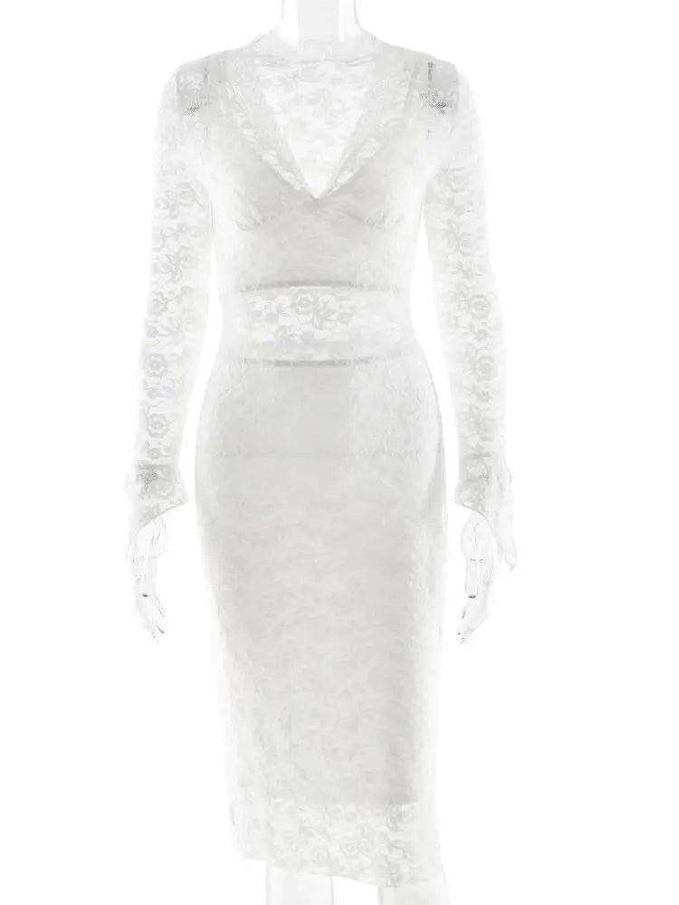 LIZAKOSHT  -  Sexy Deep V-neck Lace Women 3 Piece Sets White Long Sleeve See Through Dress Set Winter Slim Elegant Party Evening Dress