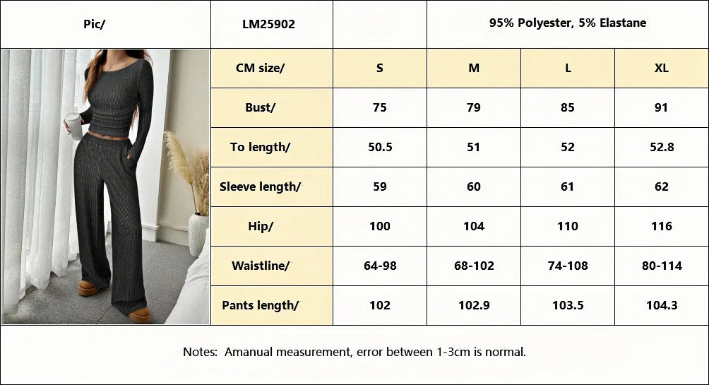 LIZAKOSHT  -  Fall Winter Women 2 Piece Set Solid Off Shoulder Long Sleeve Top Elastic Waist Wide Leg Pants Fashion Casual Outfit