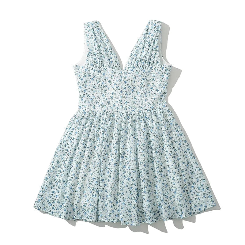 LIZAKOSHT  -  Women Mesh Patchwork Floral Print Tank Mini Dress Sexy Sleeveless V Neck Low Waist Female Holiday Summer Dresses Party