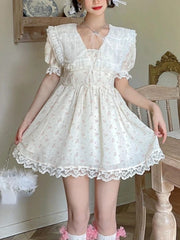 LIZAKOSHT  -  Sailor Colla Sweet Kawaii Dress Women Lace France Style Vintage Mini Dress Female Flower Print Chic Korean Fashion Dress