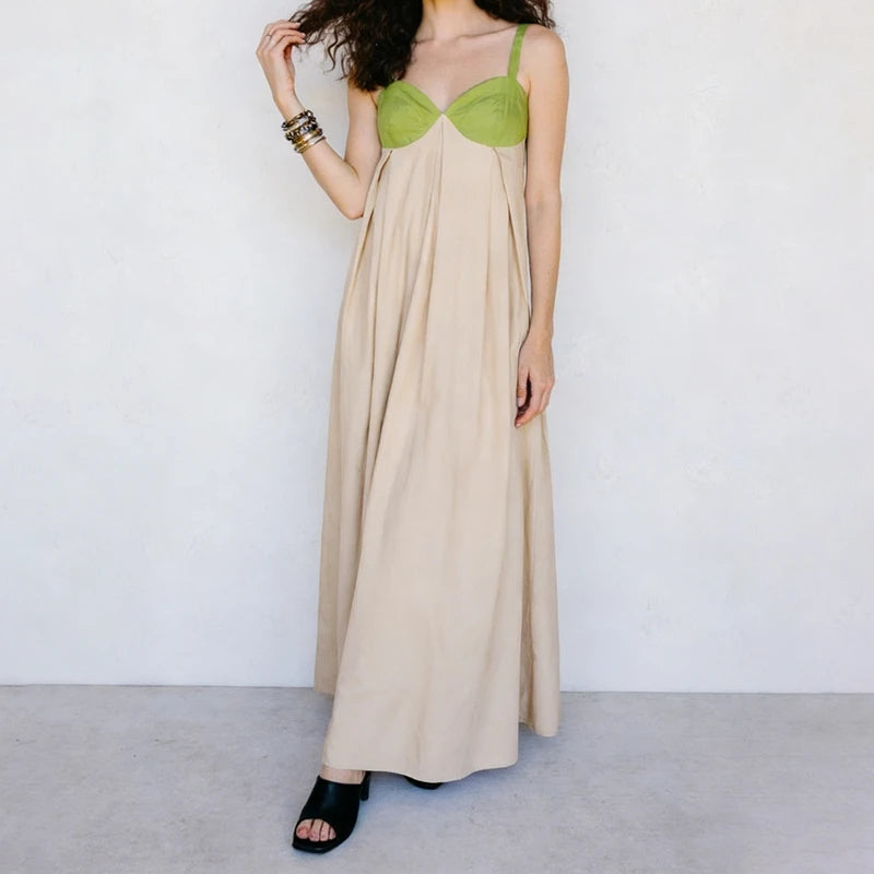 LIZAKOSHT  -  Women Loose Fit Maxi Dress Summer Sleeveless Patchwork Contrast Color Flowy Dress Beach Party Back Tie Long Dress