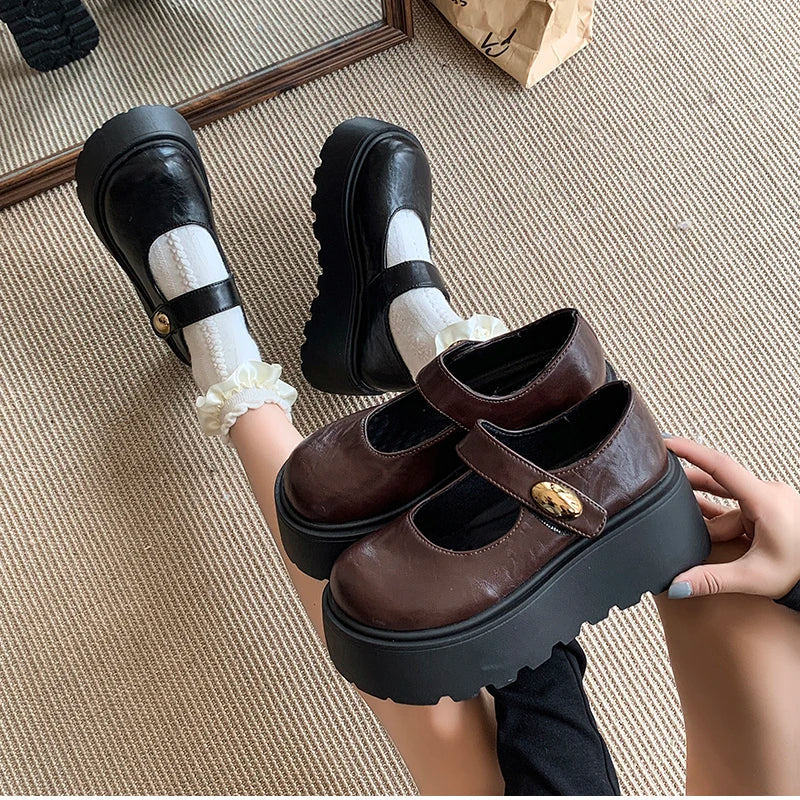 LIZAKOSHT  -  Autumn Vintage Platform Women Mary Jane Shoes  Fashion Outdoor Stripper Shoes Ladies Thick High Heels jk Leather Pumps