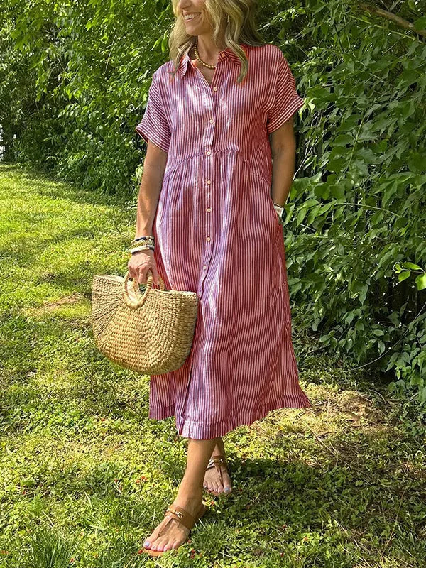 LIZAKOSHT  -  Summer New Women's Striped Dress Shirt Lapel Loose Button Cardigan Pocket Fashion Vacation Casual Street Midi Skirt for Female