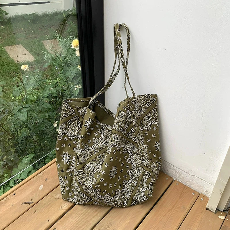 LIZAKOSHT  -  Fashion Student Canvas Bag Large Capacity Handbag Retro Cashew Flower Shoulder Bag Casual Tote For Woman