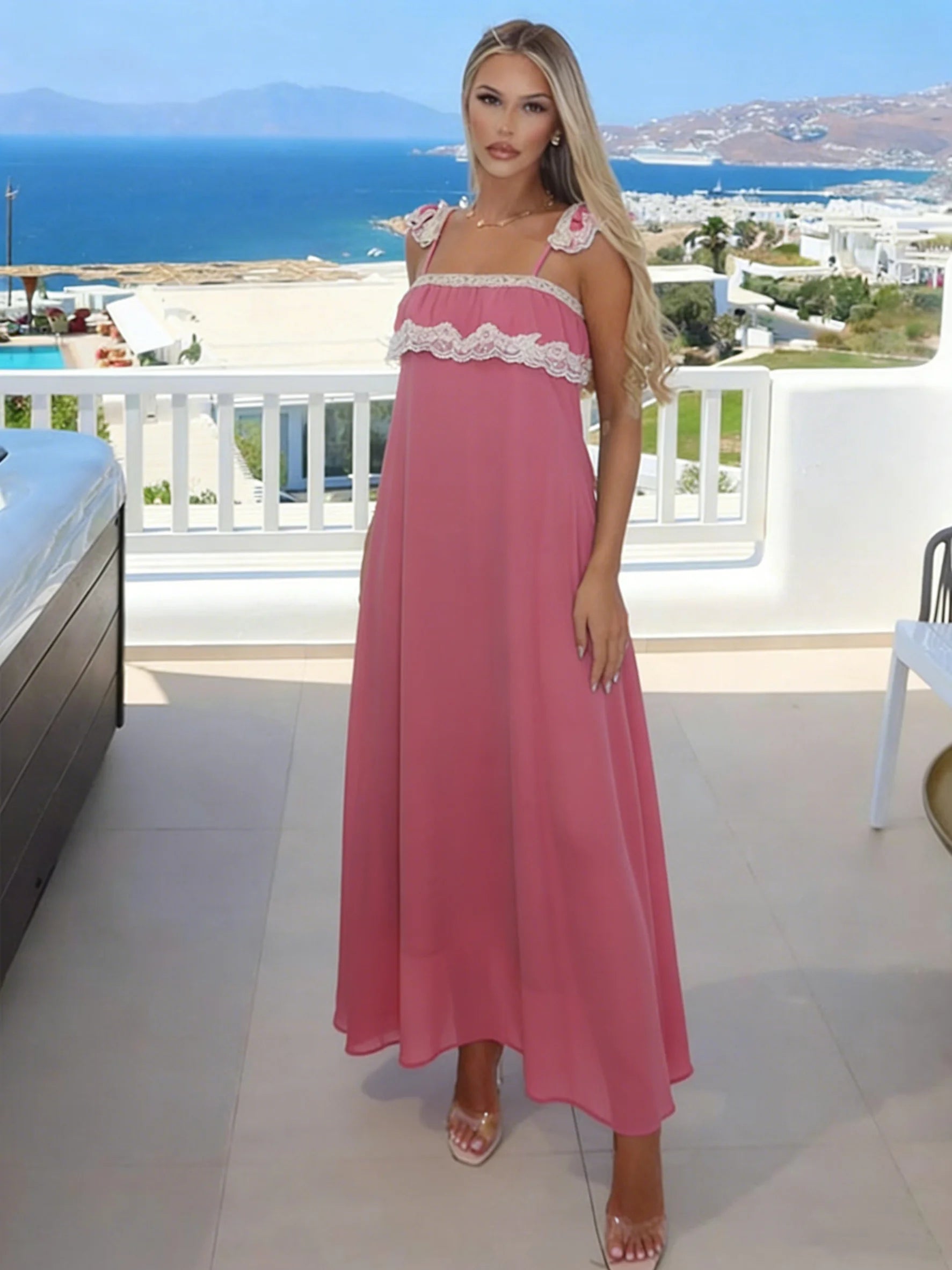 LIZAKOSHT  -  Backless Lace Patchwork Dress Women Sexy Sweet Square Collar Sleeveless Summer New Trend Vacation Party Streetwear