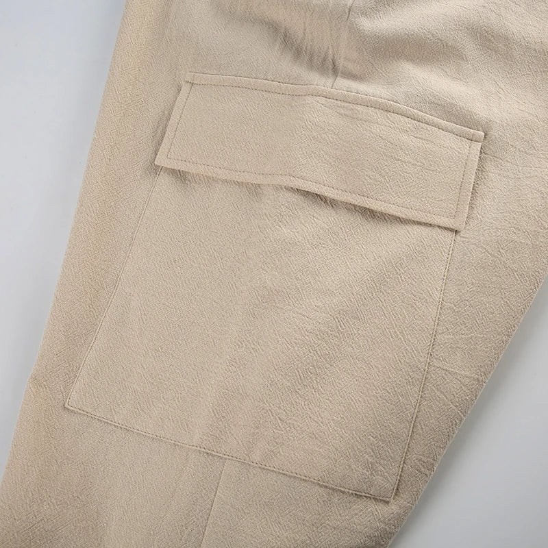 LIZAKOSHT  -  Casual Basic Solid Big Pockets Wide Leg Pants Loose Bandage Low-Waisted Straight Pants Women Autumn Spring Fashion