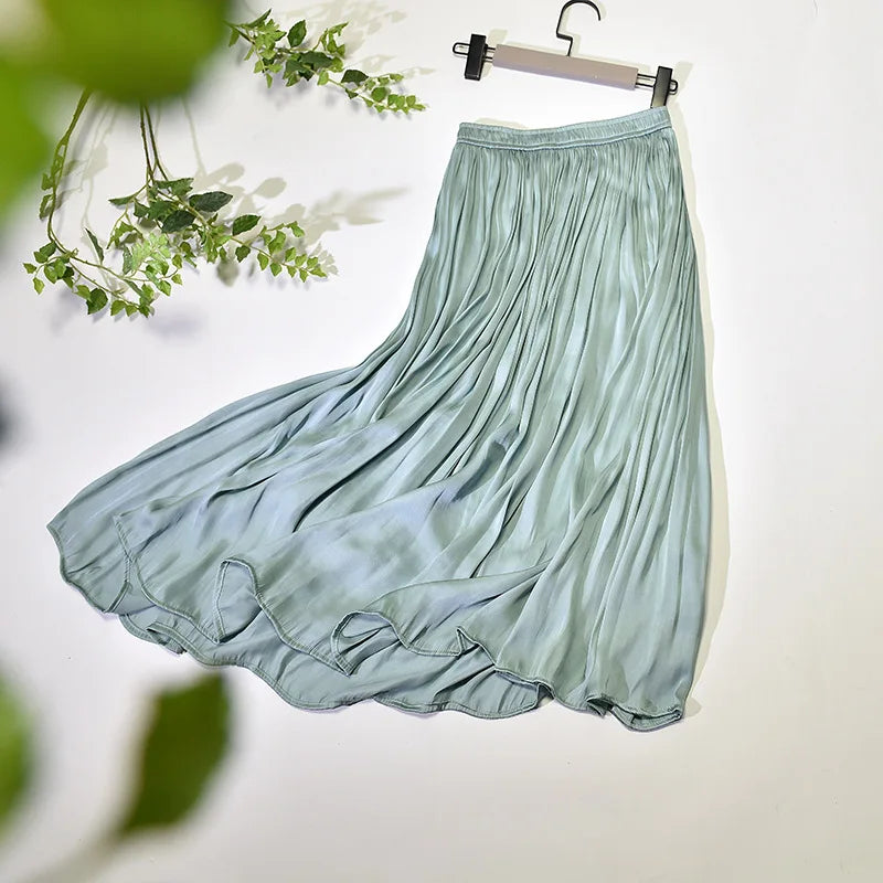 LIZAKOSHT  -  Summer Silky Elastic High Waist Glossy Silky Long Skirt Milk Silk A-line Long Skirts Women Beach Pearlescent Dress