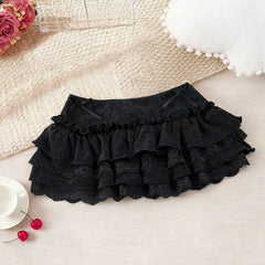 LIZAKOSHT  -  Sweet Cute Lace Fluffy Cake Skirt Korean Casual Elastic Low Waist Mini Skirt Y2K Women Clothing Summer Harajuku 2026
