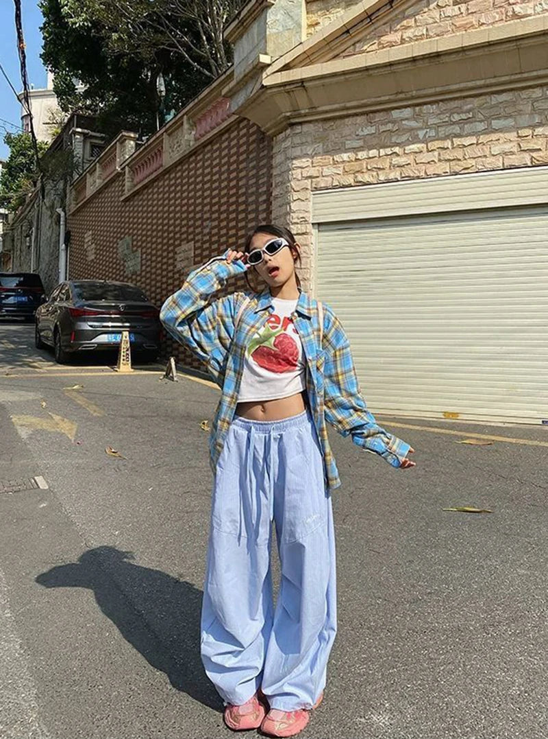 LIZAKOSHT  -  Women Striped Jazz Dance Pants Blue Loose Casual Lazy Wide Leg Pants Harajuku Y2K Summer American Streetwear Cargo Pants