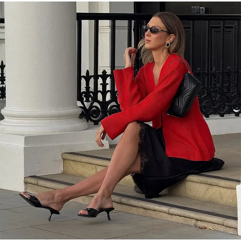 LIZAKOSHT  -  Fashion Solid V-neck Knitted Cardigan Women Solid Full Sleeve Single Breasted Slim  Cardigan 2025 Lady Early Autumn Chic Outwear