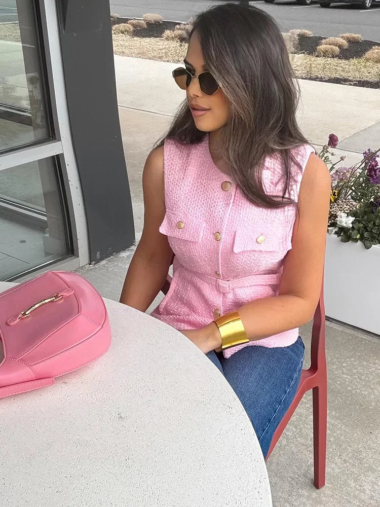 LIZAKOSHT  -  Autumn Belt Sleeveless Vest Shirt Women O Neck Patchwork Gold Button Cardigan Tops 2025 Street Elegant Casual Tank Top