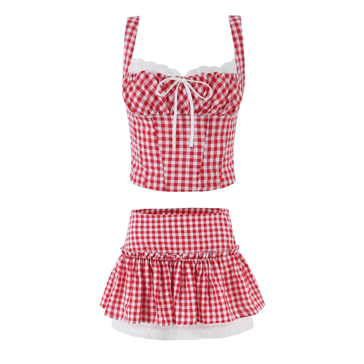 LIZAKOSHT  -  Sexy Red Plaid Spliced Lace Bow Ruched Chest Tank Top + High Waist Wood ears Mesh Lining Swing Cake Mini Skirt Suits 2pcs 1 Set