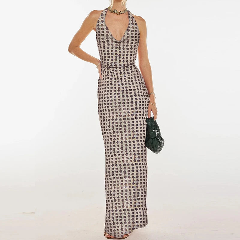 LIZAKOSHT  -  Fashion Hight Waist Lace-Up Wrap Hip Dress Sexy Halter Sleeveless Bohe Party Dress Women's Elegant Pattern Print Slim Long Dress