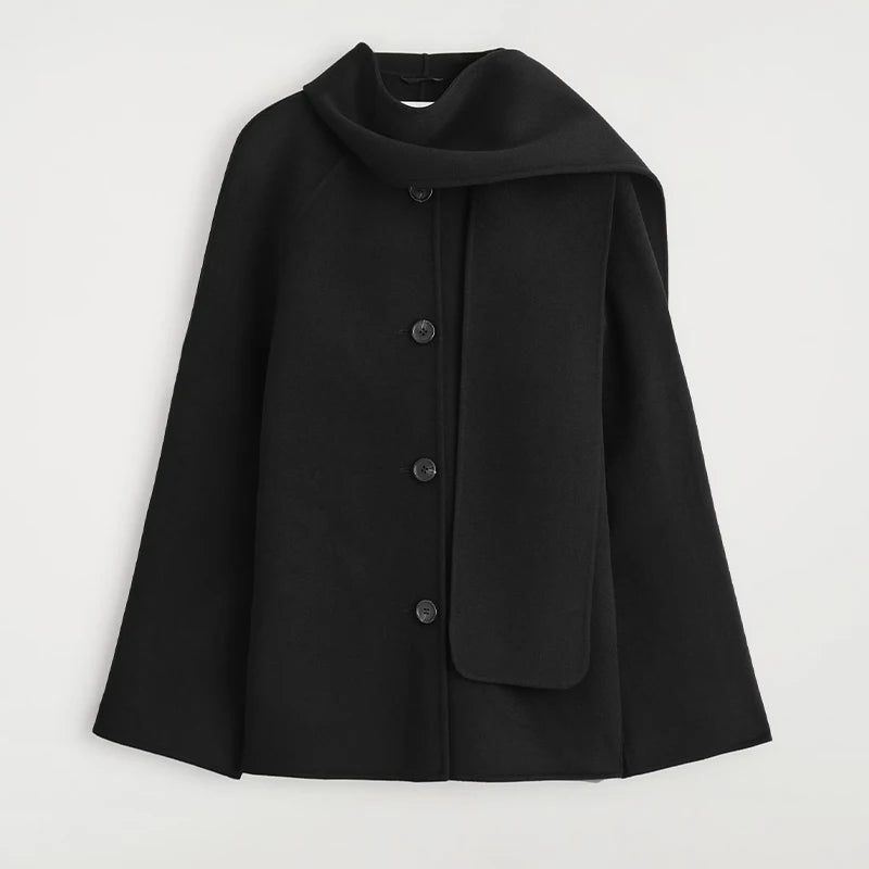 LIZAKOSHT  -  Solid Wool Cape Style Coat Women Scarf Detail Button Front Full Sleeve Loose Jacket 2025 Autumn Elegant Female Casual Outerwear