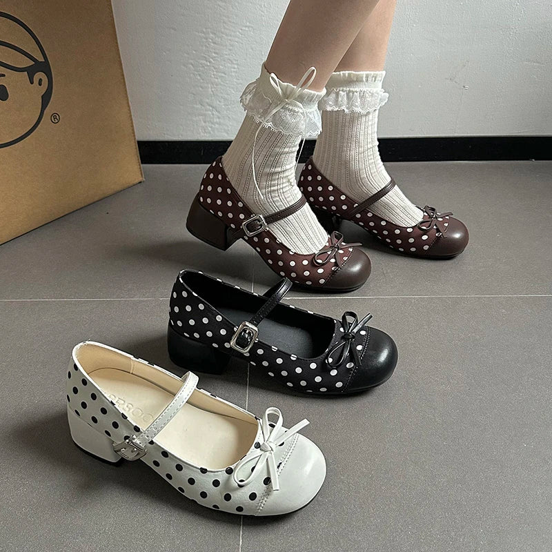 LIZAKOSHT  -  Cute Polka Dot Thick Heel Women Mary Jane Shoes Designer Buckle Strap Pumps Ladies Eelgant Butterfly-knot Dress Single Shoes
