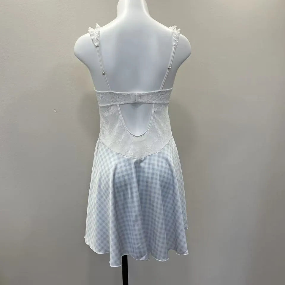 LIZAKOSHT  -  Sweet Heart Nightgowns Plaid Nightdress College Style Summer Sexy Nightgowns Spice Wide Edge Lace Dress Waist Skinny Nightgowns