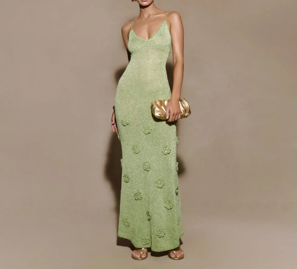 LIZAKOSHT  -  Knitted Suspender Three-dimensional Flower Decoration Dress Sexy Hip Hugging Slim Fit Deep V-neck Dress for Women