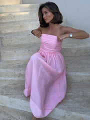 LIZAKOSHT  -  Elegant Pink Strapless Women Cotton Linen Maxi Dress Fashion Backless Sleeveless Pleated Dresses 2024 Sunner Lady Street Robes