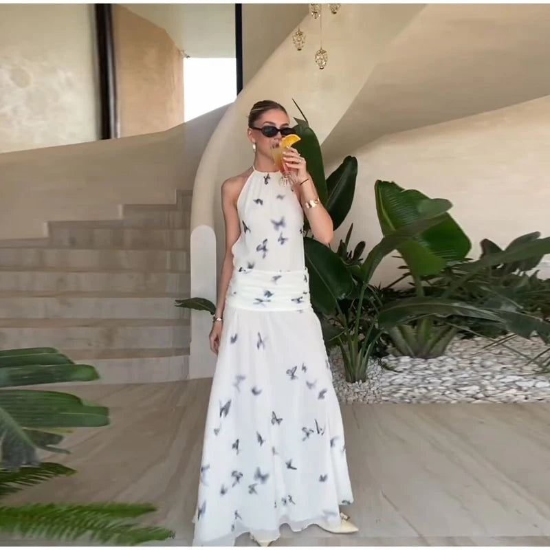 LIZAKOSHT  -  Sexy Printed Halter Long Dresses Women Fashion Sleeveless Backless High Waist Slim Maxi Dress 2025 Lady Summer Chic Casual Robes