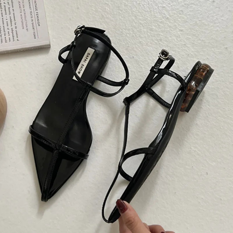 LIZAKOSHT  -  Fashion Clip Toe Sandals Women Flats Heels Ladies Shoes Narrow Band Gladiator Sandals Party Dress Ankle Strap Shoes Sliver Mujer