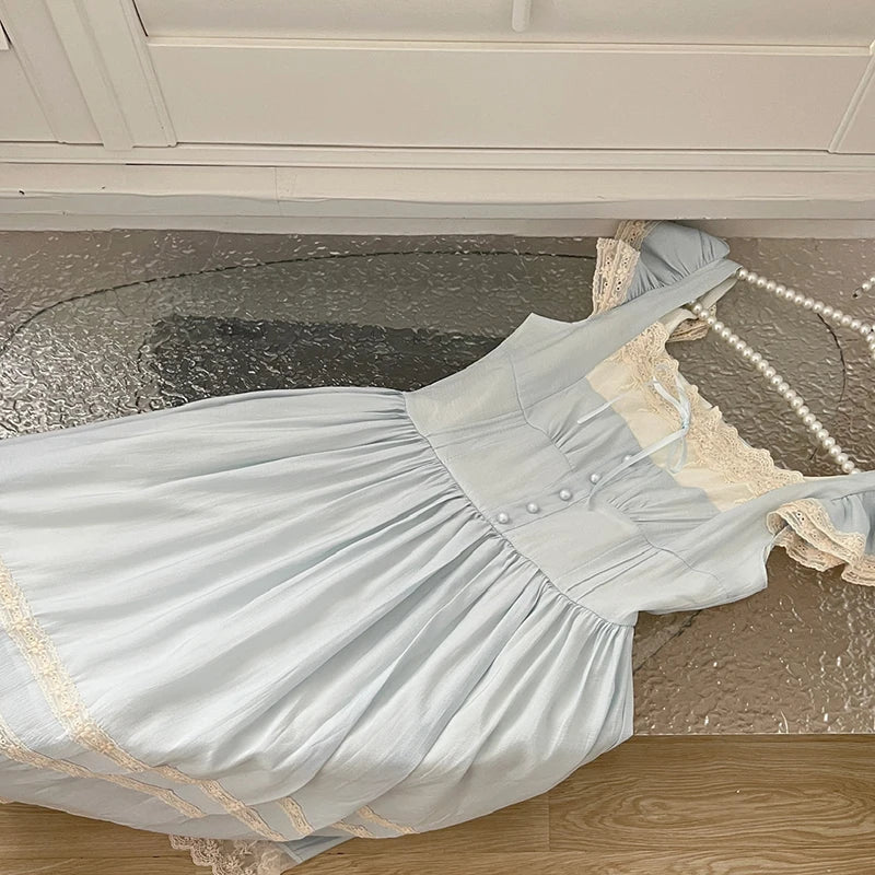 LIZAKOSHT  -  Summer Lace Patchwork Dress Fashion Retro Small Flying Sleeves Dress Women Sleeveless Seaside Holiday Long Dress