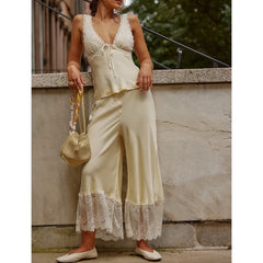 LIZAKOSHT  -  Womens 2Pieces Lace Patchwork Satin Outfits Set Y2k Going Out Sleeveless Tied Open Back Camis+ Long Pants Loungewear