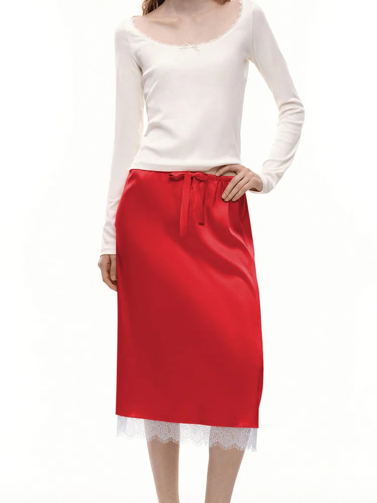 LIZAKOSHT  -  Lace Side Sexy Skirt For Women Elegant Lace-up Slim Fashion Solid Color High Waist Patchwork Female Long Skirt 2025