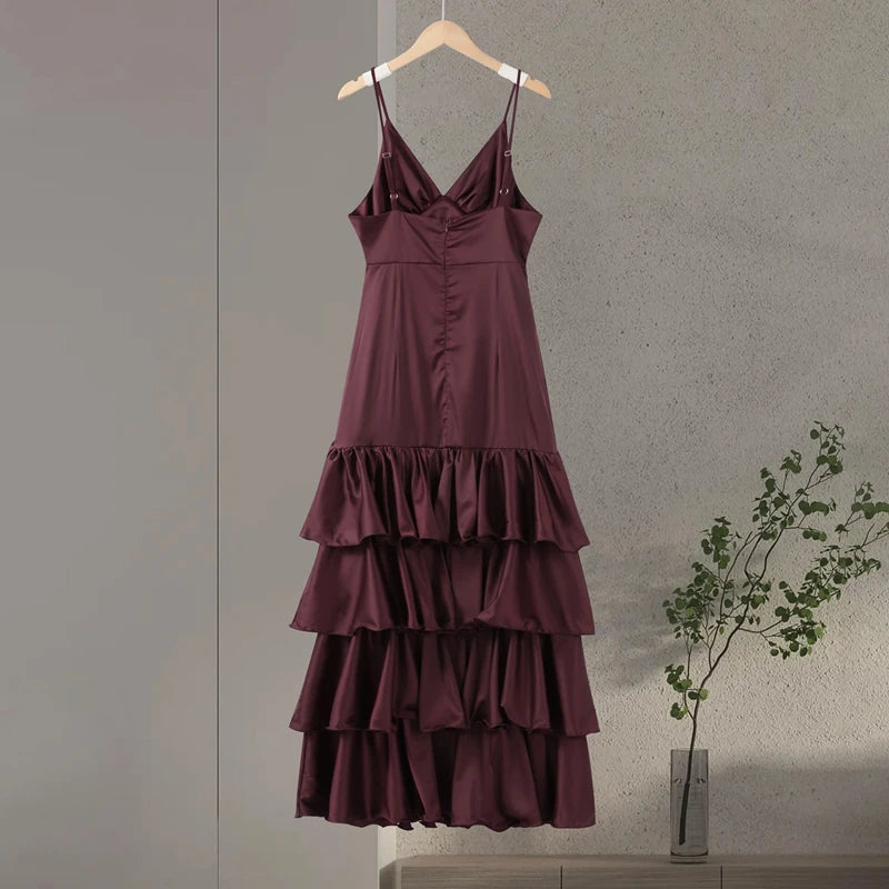 LIZAKOSHT  -  Sexy Solid Ruffles Sling Dress Women Sleeveless Backless Empire V-neck Long Party Dresses Female Spring Chic Lady A-line Robes