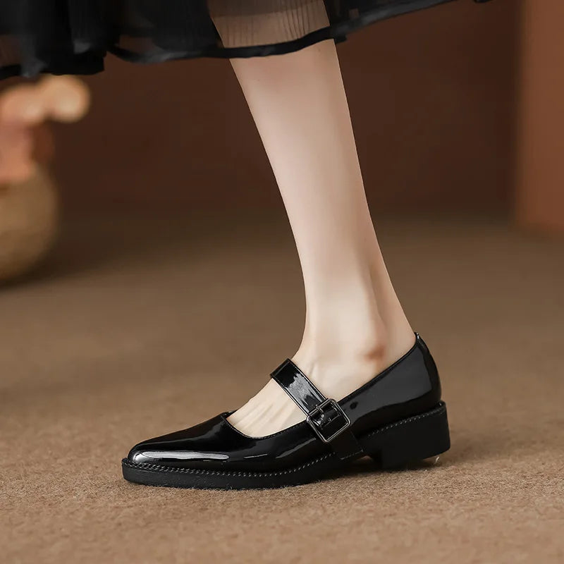 LIZAKOSHT  - Patent Leather Buckle Strap Oxfords Woman Pointed Toe Shoes Low Heel Flats Ladies Mary Janes Lolita Derby Loafers Femme Sneakers