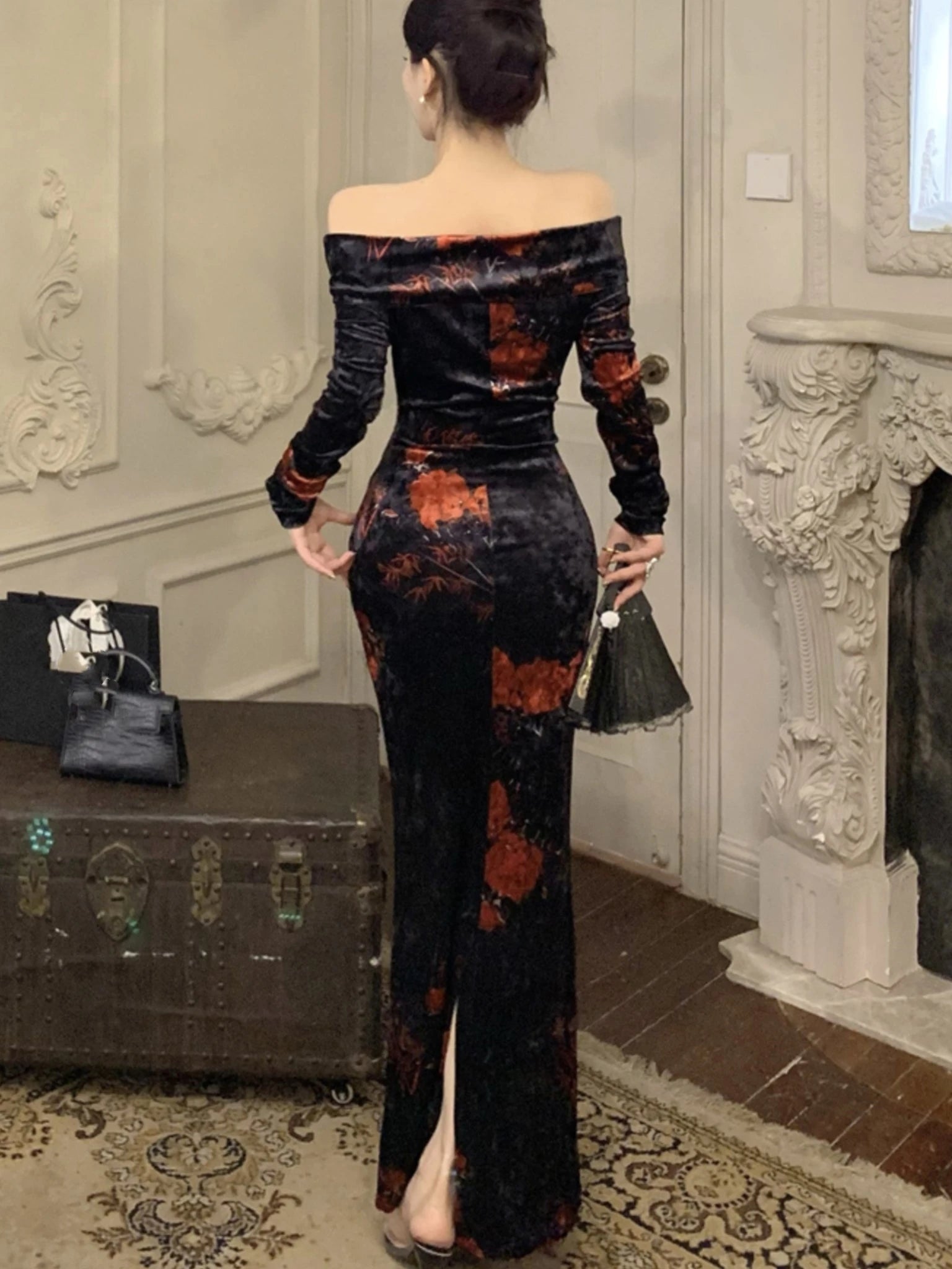 LIZAKOSHT  -  Vintage Floral Printed Slash Neck Bodycon Dress Women Sexy Elegant Long Sleeve Velvet Robe Autumn Winter Ladies Party Vestidos