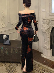 LIZAKOSHT  -  Vintage Floral Printed Slash Neck Bodycon Dress Women Sexy Elegant Long Sleeve Velvet Robe Autumn Winter Ladies Party Vestidos