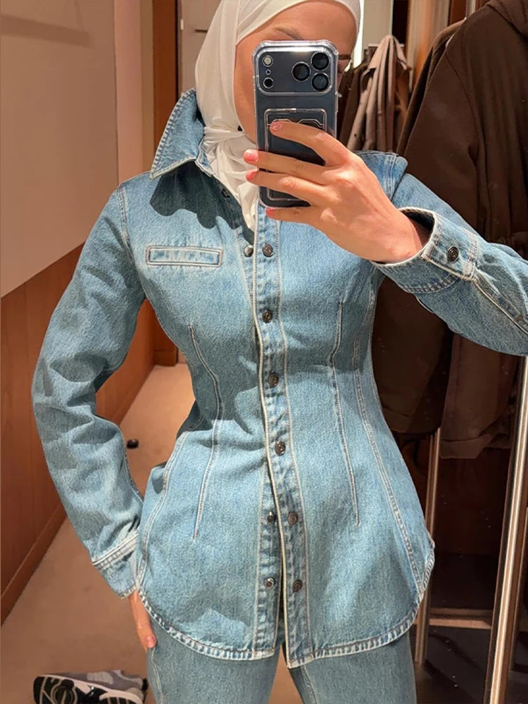 LIZAKOSHT  -  Fashion Blue Women's Denim Jacket Lapel Button Up Fit Waist Cinching Jean Coats Spring Casual Street Lady New Outerwear