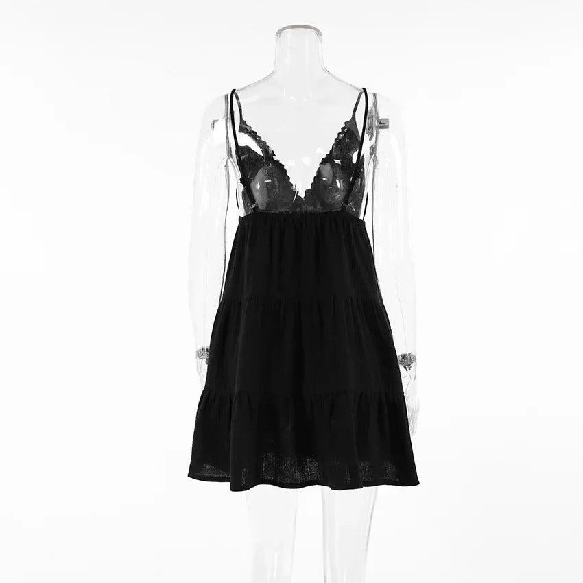 LIZAKOSHT  -  Women Sexy Sleeveless V-neck Mini Dress Chic Backless Off Shoulder High Waist Pleated Loose Dresses Lady Holiday Vestidos